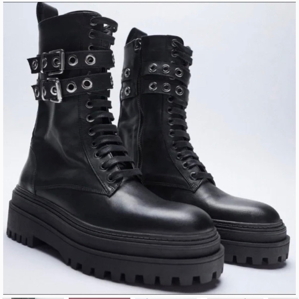 New Zara Leather Ankle Combat Black Boots size 38 (US 7.5) model 2126/610